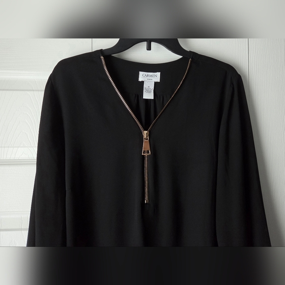 Carmen Marc Valvo Black V-Neck Zip-Front Long Sleeve Blouse Size 1X - Picture 3 of 10